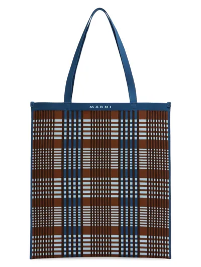 Marni Check Tote Bag In Light Blue Rust