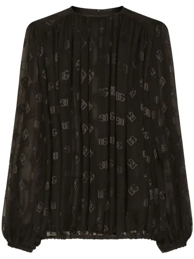 Dolce & Gabbana Logo Jacquard Bishop Sleeves Blouse In Nero