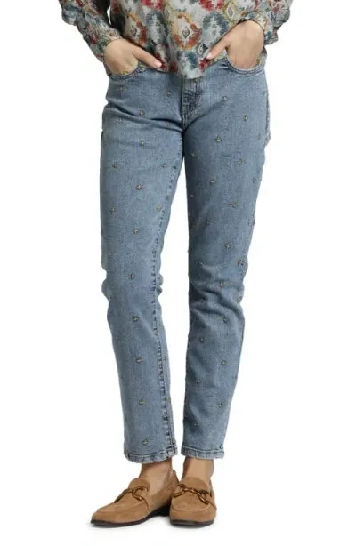 Apny Cross Embroidered Mid Rise Girlfriend Jeans In Indigo