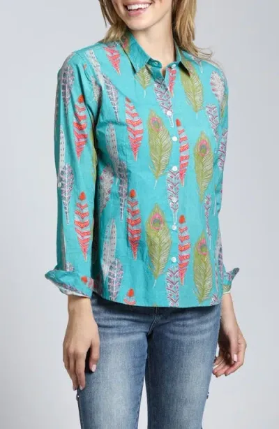 Apny Feather Print Button-up Shirt In Turquoise Multi