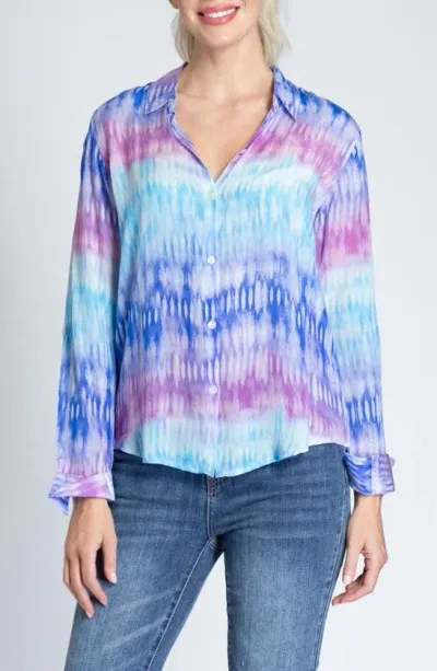 Apny Print Roll-up Sleeve Chiffon Button-up Shirt In Purple Multi