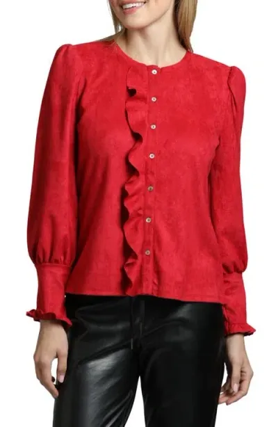 Apny Ruffle Puff Sleeve Faux Suede Button-up Shirt In Red