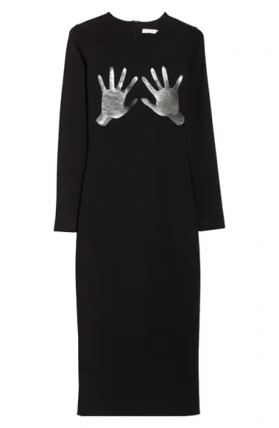 Area Metallic Handprint Long Sleeve Ponte Knit Midi Dress In Black