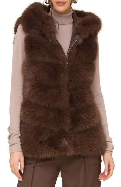 Avec Les Filles Faux Fur & Faux Leather Hooded Zip Vest In Mahogany