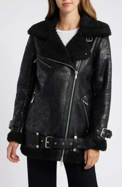 Avec Les Filles Faux Shearling Biker Jacket In Black