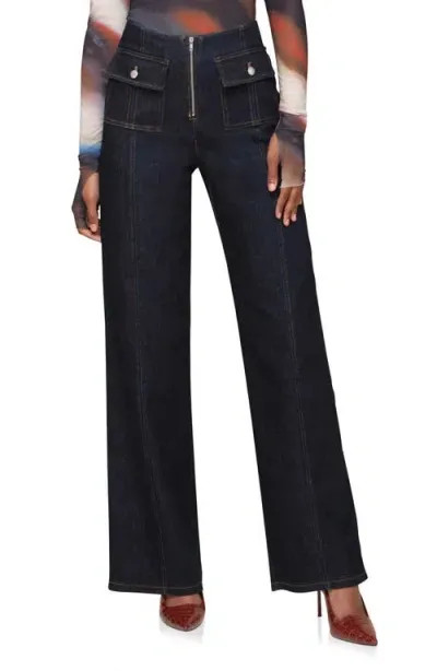 Avec Les Filles High Waist Wide Leg Patch Pocket Jeans In Dark Rinse