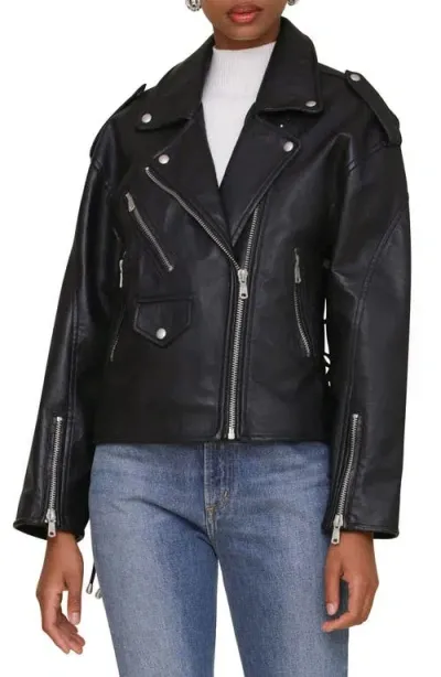 Avec Les Filles Side Laced Leather Biker Jacket In Black