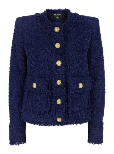 Balmain Collarless 2 Pkt Tweed Jacket In Blue