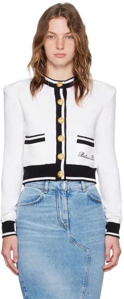 Balmain White & Black ' Signature' Cardigan In Gab Blanc/noir