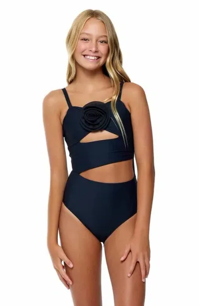 Beach Lingo Kids' Rosette Cutout One-piece Swimsuit In Black