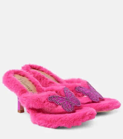 Blumarine Butterfly 75 Faux Fur Sandals In Fuxia