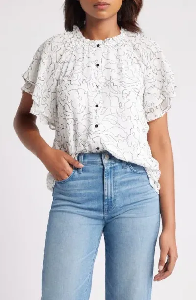 Bobeau Floral Print Clip Dot Double Ruffle Top In Ivory/black Stencil