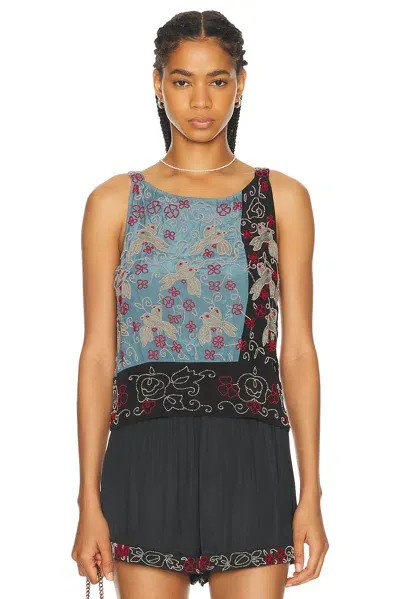 Bode Tropicbird Bead-embellished Embroidered Two-tone Charmeuse Tank In Blue Multi