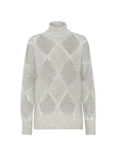 Brunello Cucinelli Grey High Neck Sweater With Dazzling Argyle Motif In Wool And Mohair Woman In Pearl Grey