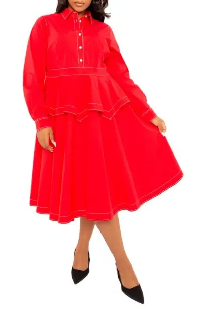 Buxom Couture Topstitched Long Sleeve Peplum Shirtdress In Red