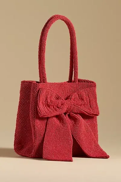 By Anthropologie Beaded Bow Tote Bag In Red