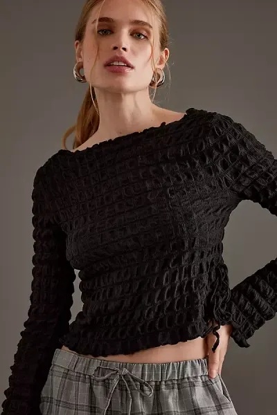 By Anthropologie Textured Long-sleeve Top In Black