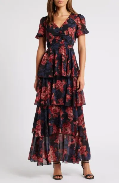 Chelsea28 Floral Tiered Chiffon Dress In Black- Pink Canvased Blooms