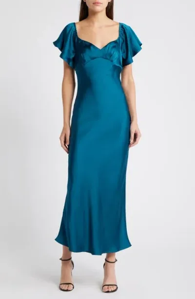 Chelsea28 Flutter Sleeve Satin Gown In Teal Feather