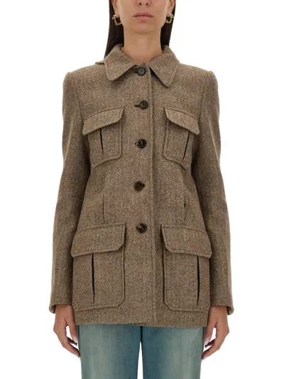 Chloé Long Wool Military Style Jacket In Brown