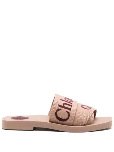 Chloé Woody Canvas And Leather Flat Sandals In Pink