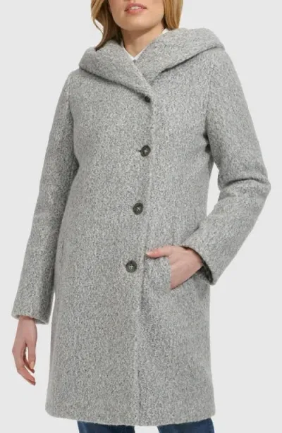 Cole Haan Hooded Boucle Coat In Light Grey