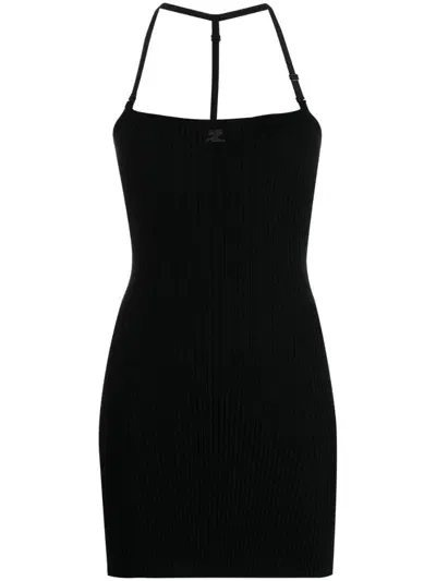 Courrèges Logo Ribbed Mini Dress In Black