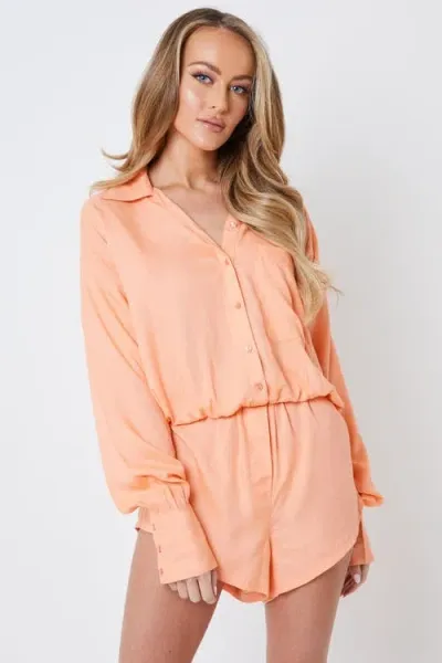 Creea The Label Button-up Long Sleeve Romper In Coral