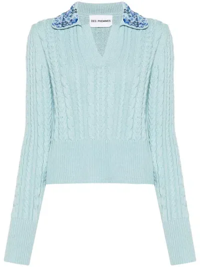 Des Phemmes Cropped Knitted Polo-neck Sweater In Blue