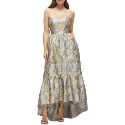 Dessy Collection Floral Brocade Strapless High-low Gown In Winter Mist