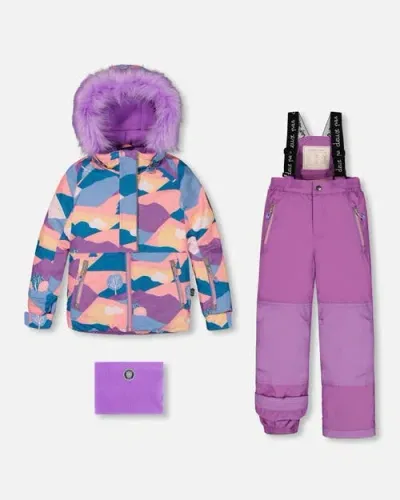 Deux Par Deux Kids'  Girl's Two Piece Snowsuit Mauve Printed Landscape In Amethyst Orchid