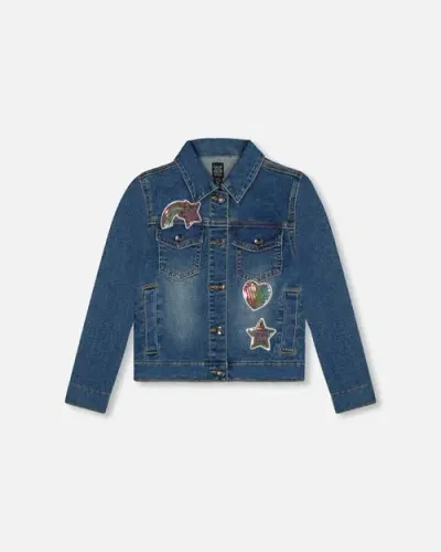 Deux Par Deux Babies'  Little Girl's Denim Jacket With Embroidery Patch In Navy Denim