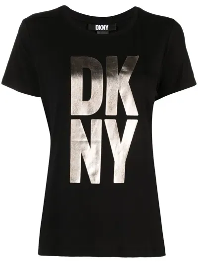 Dkny Metallic-finish Logo-print Jersey T-shirt In Schwarz