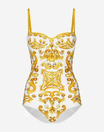 Dolce & Gabbana Majolica One-piece Swuimsuit In Yellow