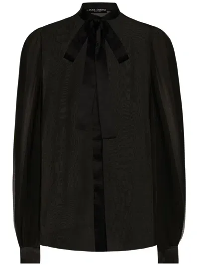 Dolce & Gabbana Pussy-bow Silk Shirt In Black