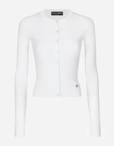 Dolce & Gabbana Ribbed Viscose Cardigan With Metal Dg Logo Pin In White