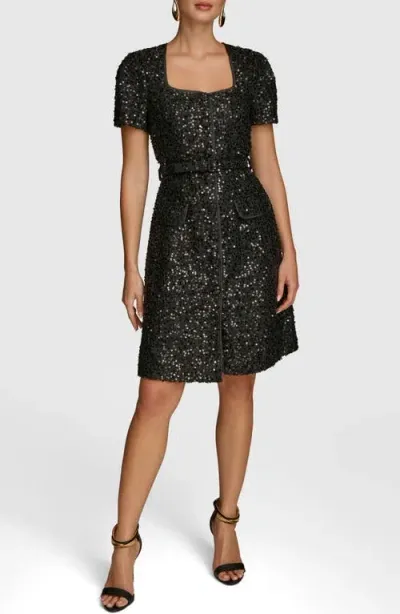 Donna Karan New York Sequin Belted Button-up Dress In Black