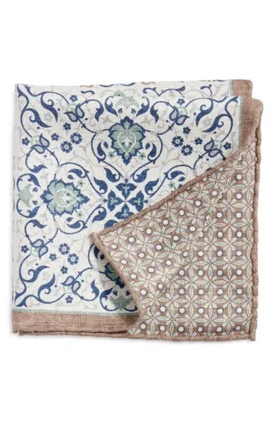 Edward Armah Arabesque & Floral Prints Reversible Silk Pocket Square In Navy