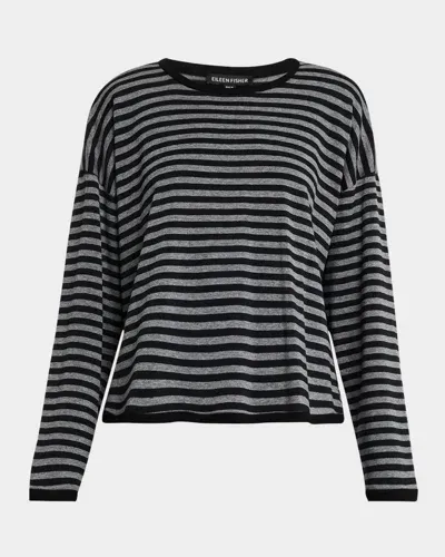 Eileen Fisher Petite Striped Brushed Terry Top In Blackash