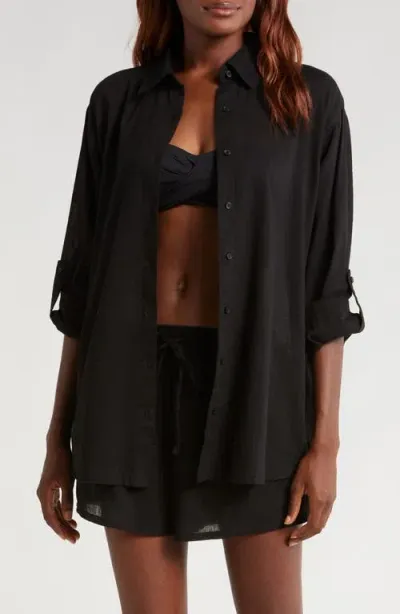 Elan Cotton Button-up Cover-up Shirt In Black