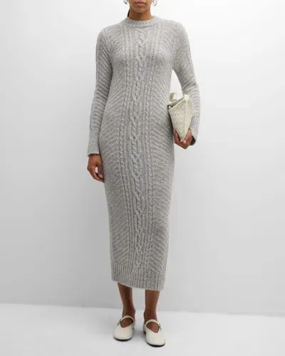 Eleven Six Lora Cable-knit Split-cuff Midi Sweater Dress In Pale Grey