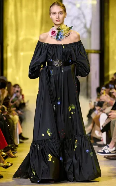 Elie Saab Floral-print Satin Maxi Dress In Black