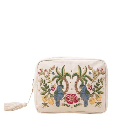 Elizabeth Scarlett Tropical Paradise Parrots Cream Velvet Wash Bag In White