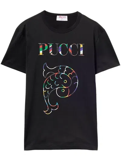 Emilio Pucci Logo Print Cotton T Shirt In Black