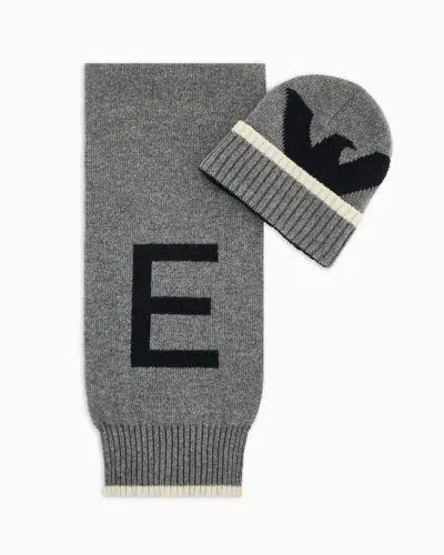 Emporio Armani Kids' Wool-blend Beanie And Scarf Set With Jacquard Logo In Gray