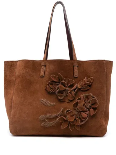 Ermanno Scervino Brown Suede Shopping Bag With Appliqué Flowers