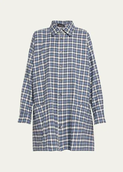 Eskandar Wide A-line Plaid Shirt Jacket (long Length) In Denim