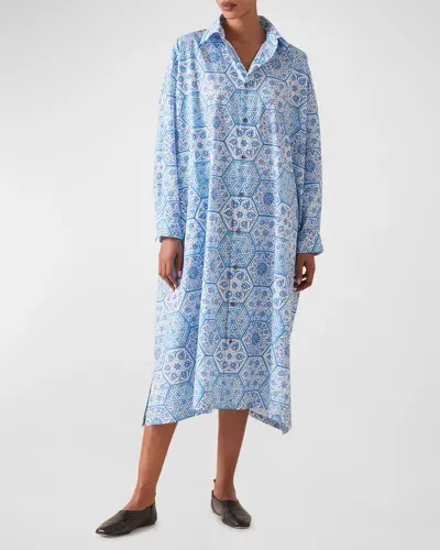 Eskandar Wide A-line Printed Shirtdress In Damascusblue