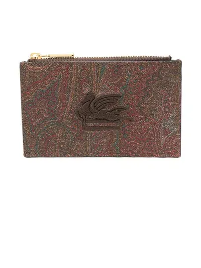 Etro Coin Purse In Iconic Paisley Jacquard In Brown