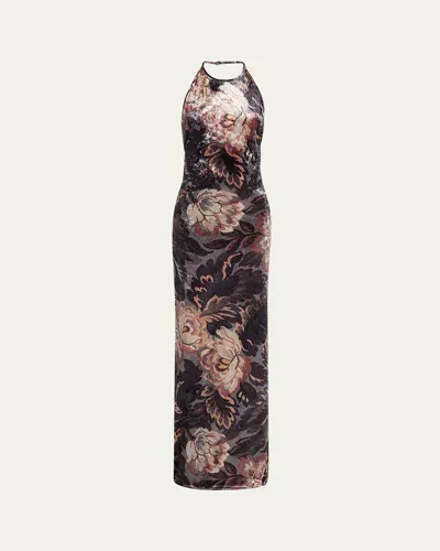 Etro Floral Crushed Velvet Backless Gown In Grey